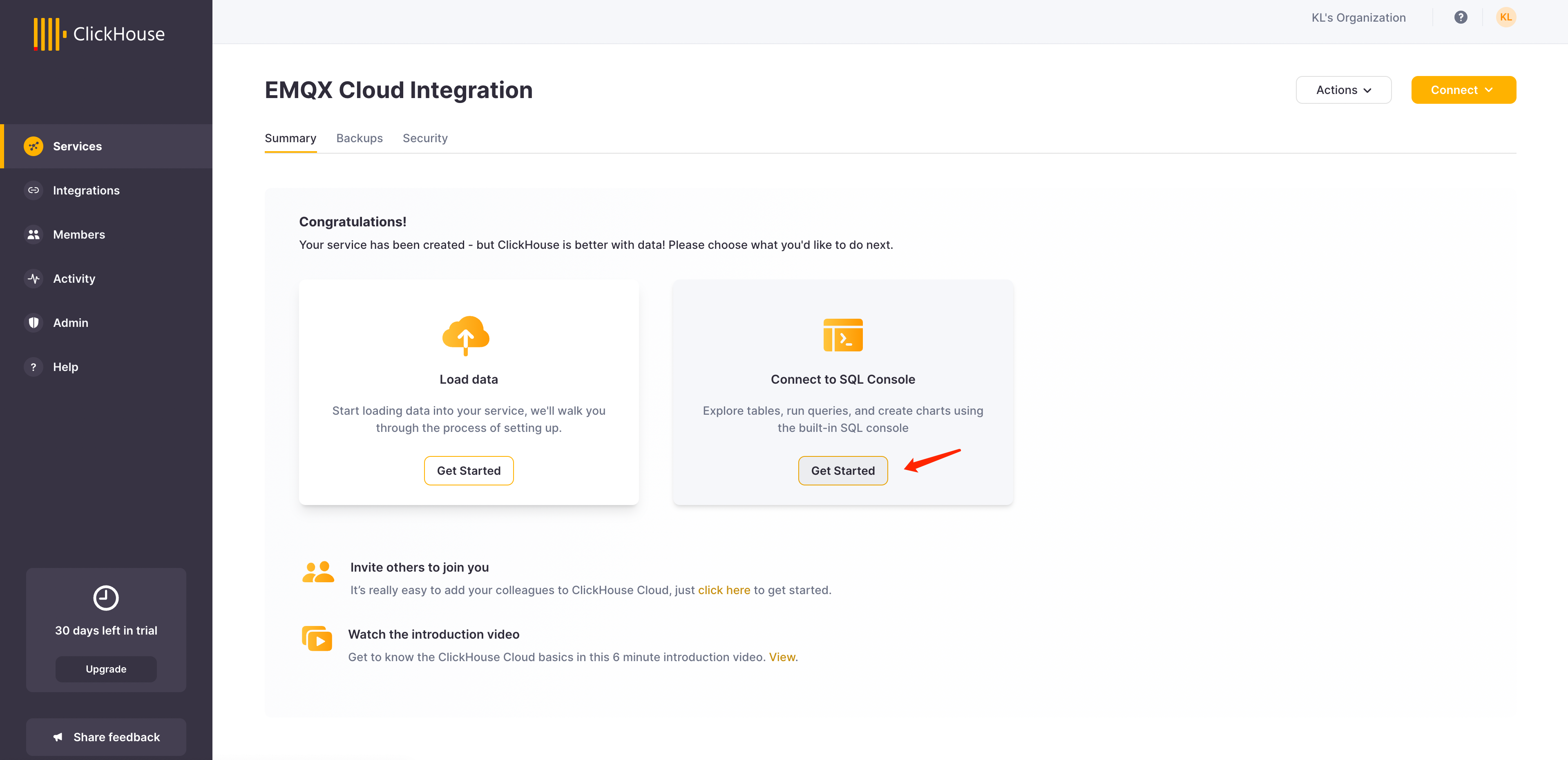 ClickHouse Cloud SQL 콘솔 인터페이스