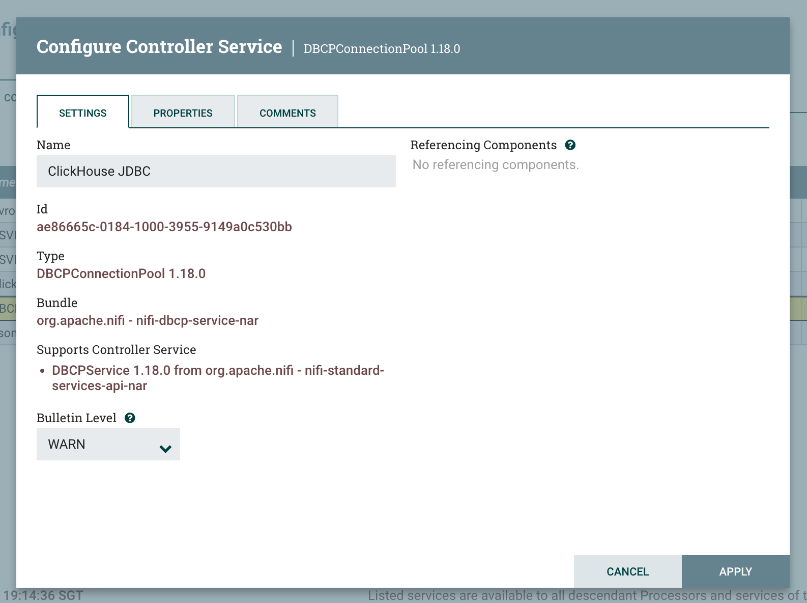 속성이 입력된 DBCPConnectionPool 구성 대화상자