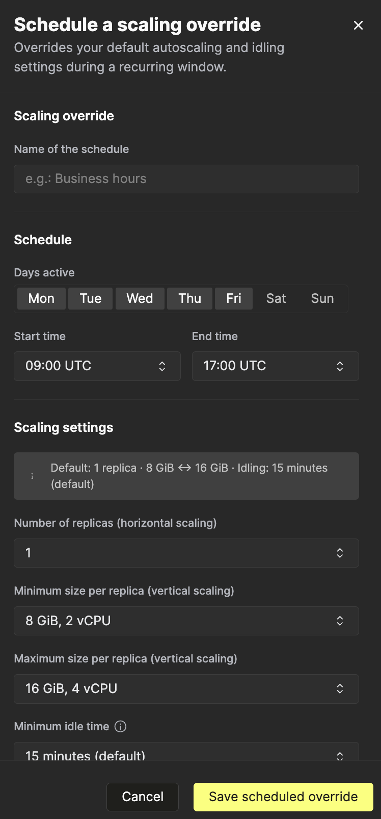 시간 기반 스케일링 규칙을 보여주는 ClickHouse Cloud 콘솔의 스케일링 일정 인터페이스