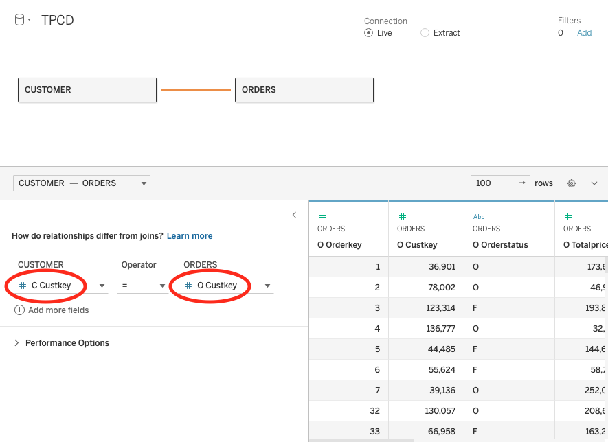 Custkey 필드를 사용해 CUSTOMER와 ORDERS 테이블 간 연결을 보여주는 Tableau 관계 편집기