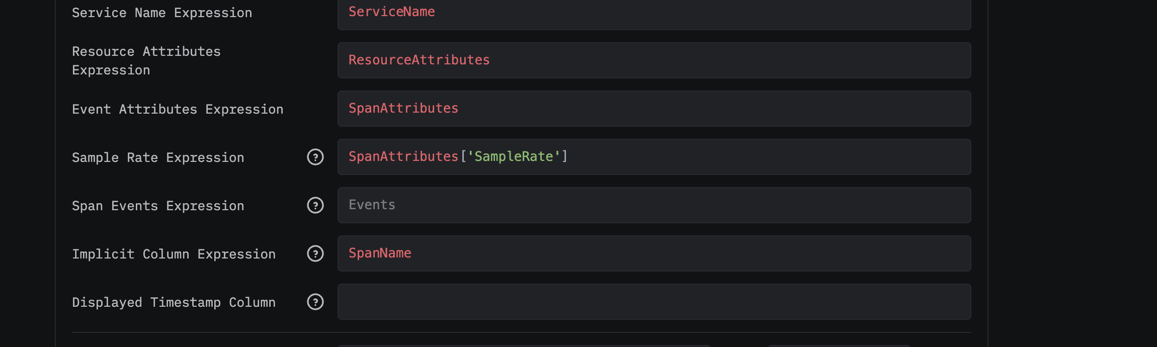 ClickStack Source Settings의 Sample Rate Expression 필드